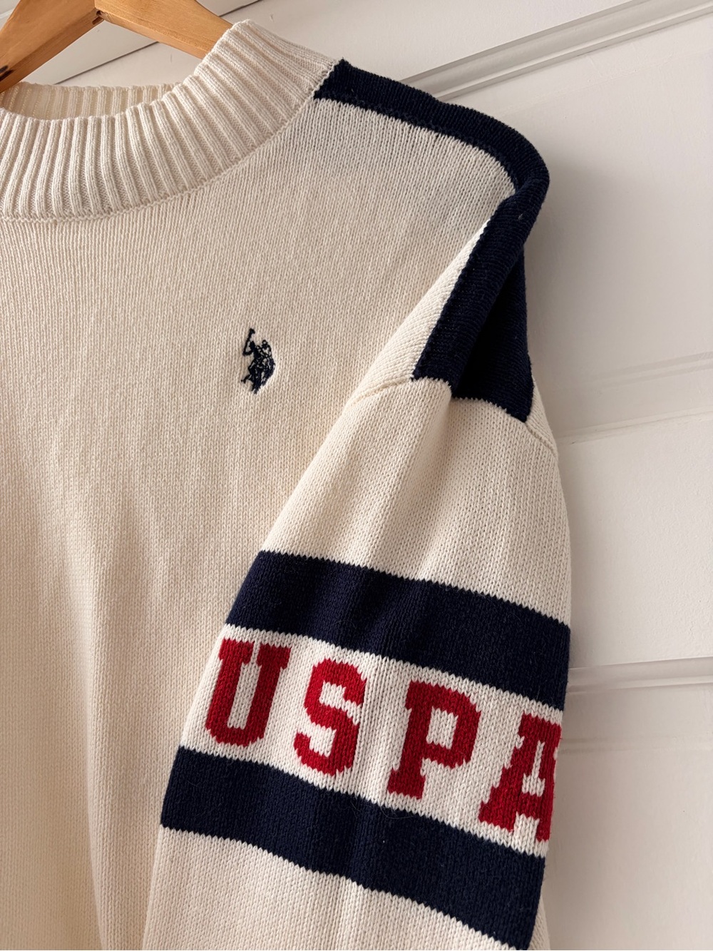 U.S. Polo Assn. Cream Navy Red Striped Sweater USPA Preppy Pullover Size L